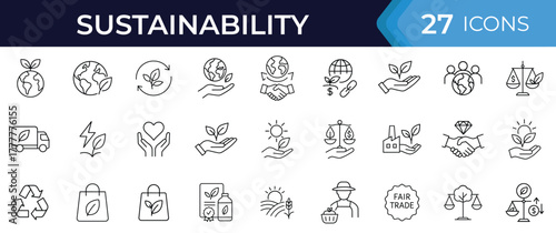 Fair trade and sustainability line icon set. Vector pictograms of ethical business, eco-friendly production, global responsibility, and environmental balance thin linear illustration