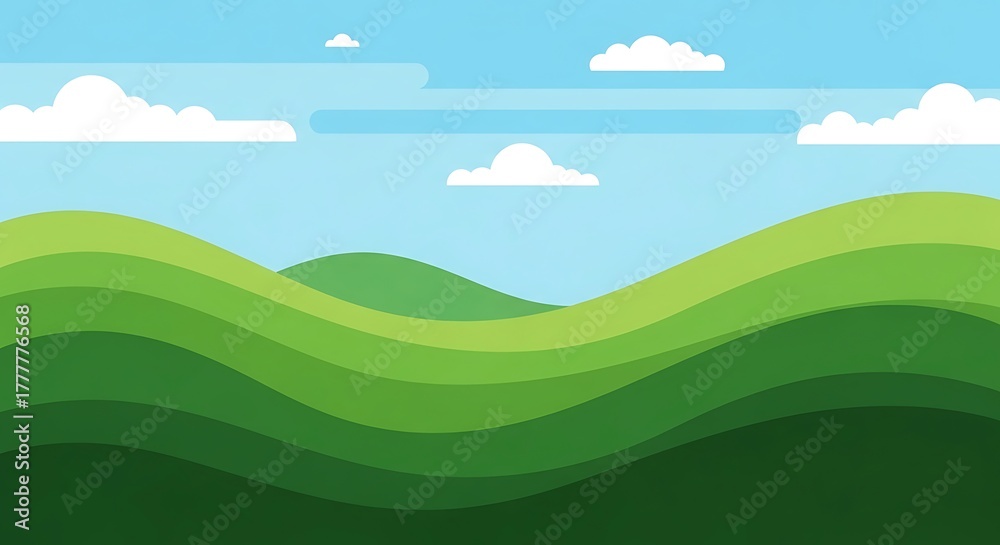 Fototapeta premium Abstract green rolling hills under a clear blue sky.