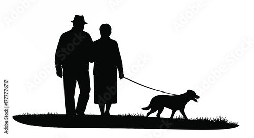 Silhouette of an elderly couple walking their dog on a grassy path, a timeless representation of companionship and a peaceful lifestyle