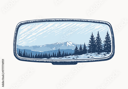 Rearview mirror illustration showcasing a winter landscape with snow-covered mountains and evergreen trees, capturing the essence of a serene winter drive with copy space