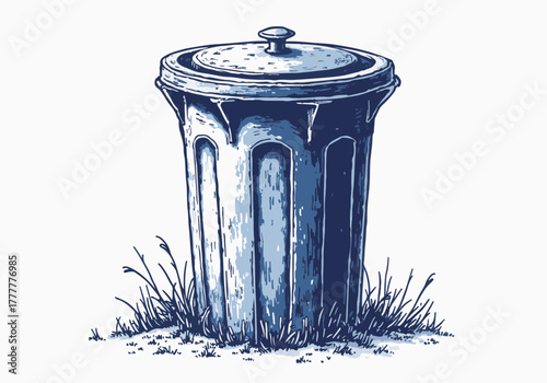 Frosted garbage lid resting on a grassy patch, showcasing winter's chill with a detailed texture and serene ambiance, highlighting seasonal contrasts in nature