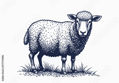 Sheep standing on grass in winter, showcasing frost on wool, surrounded by a serene landscape, embodying the essence of a chilly season and pastoral tranquility