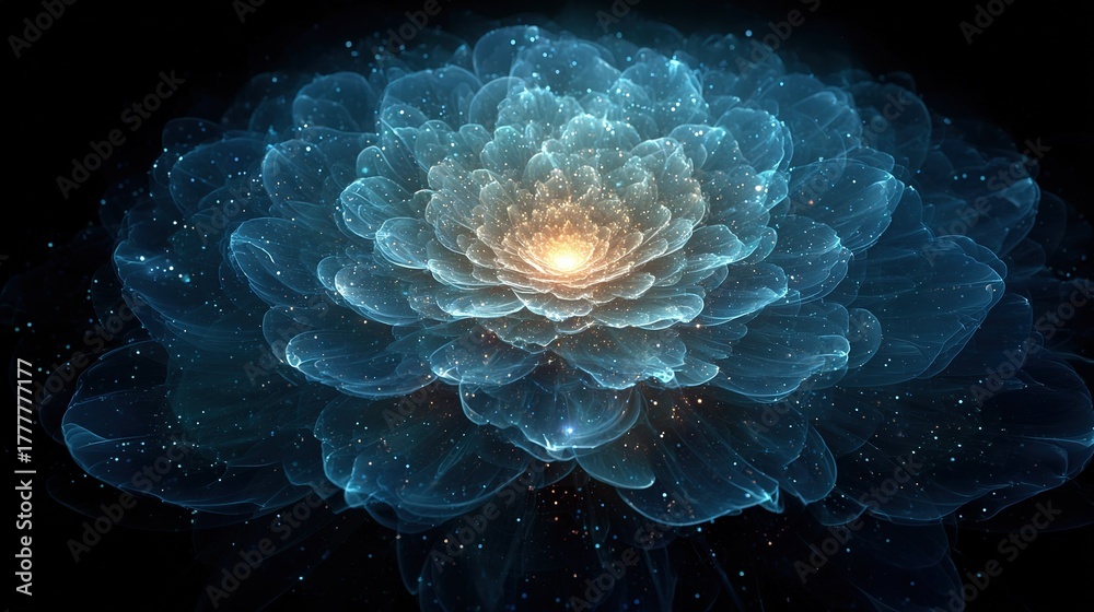 Obraz premium Blue energy fractal pattern with glowing lines and shapes on dark background, representing healing fields and sacred geometry
