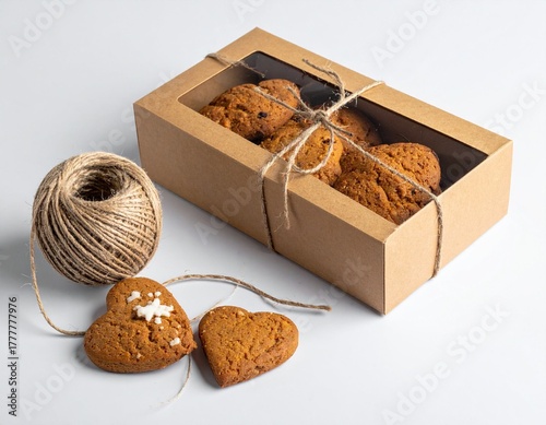 Gingerbread cookies in craft gift box on white background