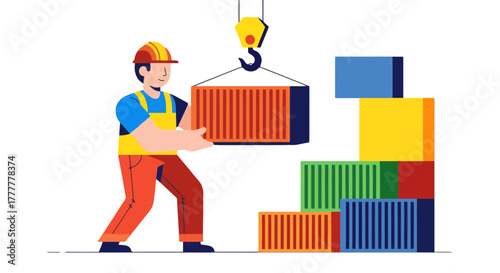Shipping Logistics Illustration: A Dockworker Managing Cargo Containers With Cranes and Stacks