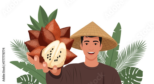 Smiling Farmer Presenting Fresh Salak Fruit Within Tropical Foliage Abundance Illustration