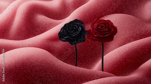 Minimal romantic arrangement of roses with glowing particles over smooth pink texture