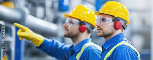 Two workers in safety gear inspect industrial equipment, wearing helmets and ear protection, while discussing safety protocols in a factory setting.