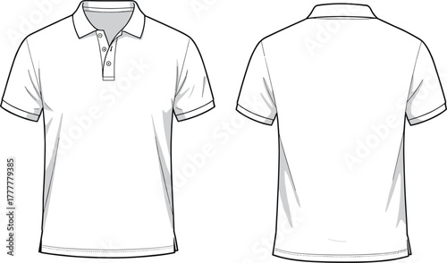 White polo shirt technical sketch, front and back view, fashion flat drawing, apparel design, garment template, vector illustration, clothing mockup