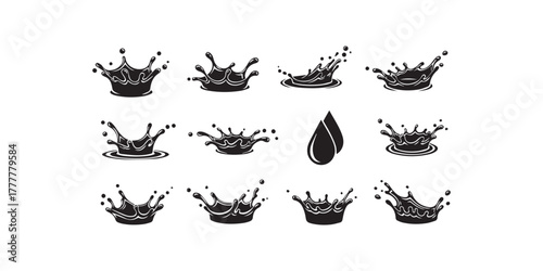 Splash water vector black set icon. Fresh droplet isolated black set icon. Vector illustration splash water on white background. Collection of Black and White Water Splash and Wave 