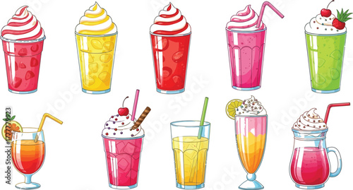 Assortment of colorful cartoon smoothies and cocktails