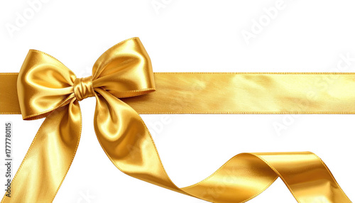 A luxurious golden satin ribbon tied in an elegant bow across a transparent background. A golden ribbon with a bow creating a festive and elegant presentation.