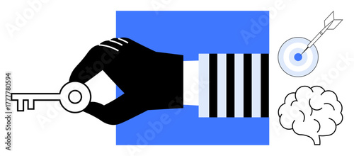 Black hand holds key near target and brain icon, indicating unlocking solutions, focus, and strategy. Ideal for problem-solving, focus, intellectual growth, strategic planning, success goal-setting