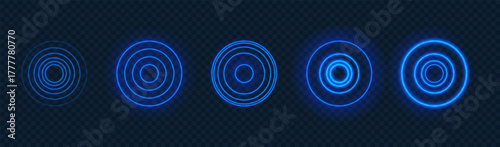 Sound wave rings. Glowing radar circle. Light wave, blue neon concentric ripple. Wi-fi signal digital vector background