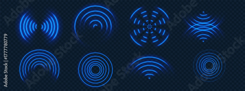 Blue neon sound wave rings. Blue wi-fi wave. Glowing radar circle light effect. Concentric signal vector