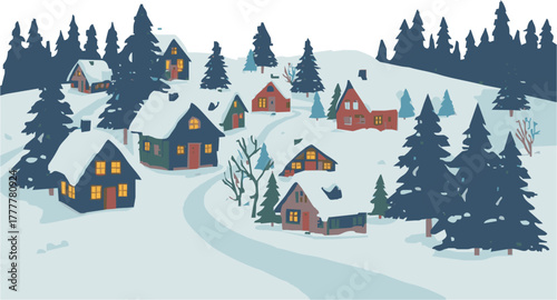 Charming snow covered village nestled among evergreen trees with warm glowing windows creating a cozy winter wonderland scene