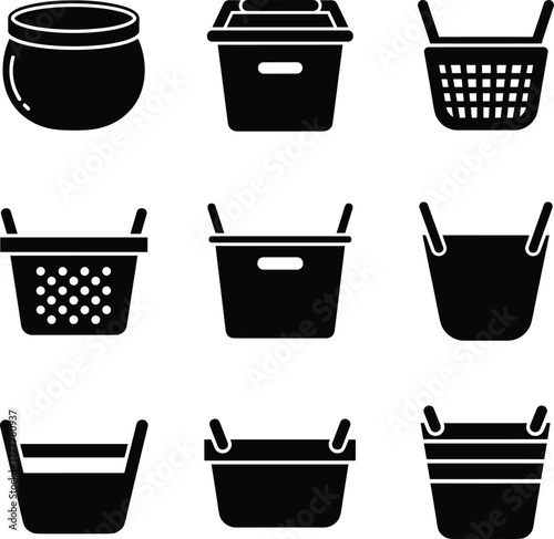 Assorted Basket and Container Icon Set bucket laundry basket