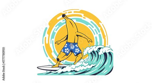 Surfing Banana Personification Amidst Ocean Waves and Sunshine Illustration