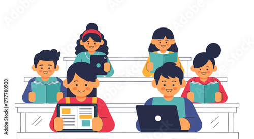 Students Reading And Using Technology In Classroom With Black Background