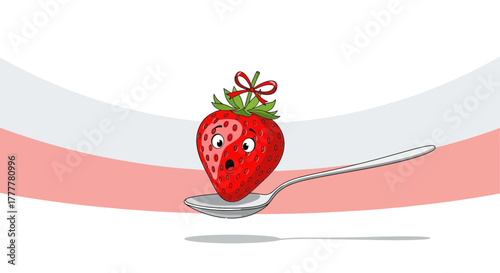 Surprised Strawberry On A Spoon With A Ribbon Against A Playful And Colorful Backdrop