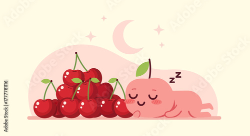 Sweet Cherry Dreaming Beneath The Gentle Night Sky Cartoon Illustration Design