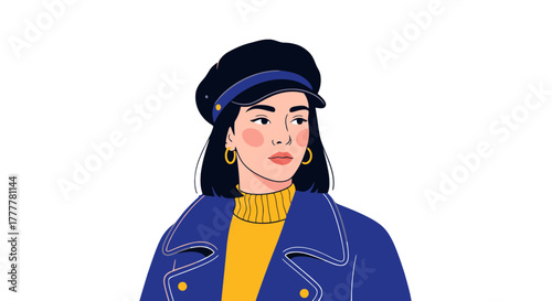 Stylish Woman In A Navy Cap And Blue Coat Against A Black Background