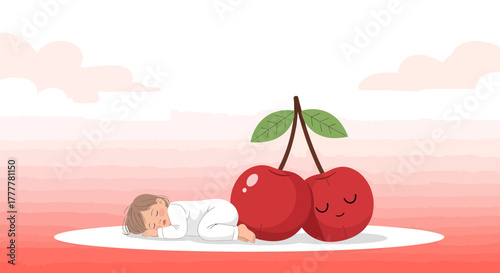 Sweet Dreams Of A Little One Beside Two Cherries In A Dreamy Setting