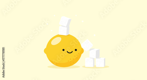 Sweet Lemon Character With Cubes Of Sugar On a Minimalist Yellow Background