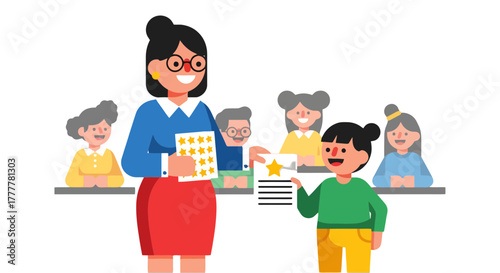 Teacher Bestowing Star Award To Eager Student With Supportive Classmates Present and Cheerful