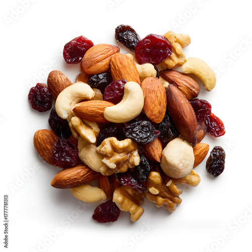 Trail mix with nuts and dried fruits isolated on white background healthy natural snack with almonds cashews walnuts and cranberries