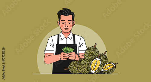 Successful Durian Seller Holding Cash: Fruit Business Profits and Entrepreneurship