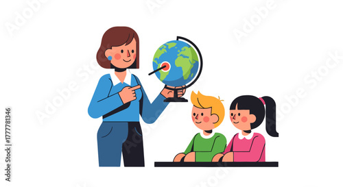 Teacher Demonstrating The Globe To Excited Elementary Students In A Classroom Setting