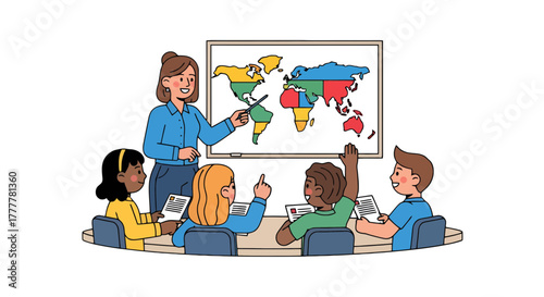 Teacher Educating Pupils About World Geography During Class Time With Map Display