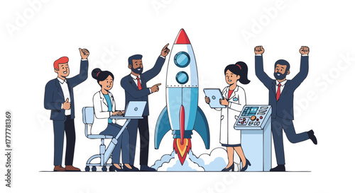 Successful Team Launching a Rocket Celebrating and Working Together on Project