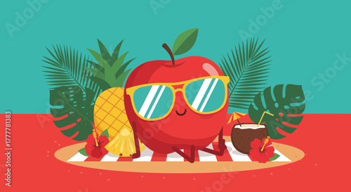 Summer Apple Enjoying Tropical Drinks And Resting On A Beachy Blanket Illustration