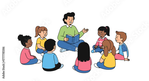 Teacher Reading A Book To Young Students Sitting On The Ground Black Background