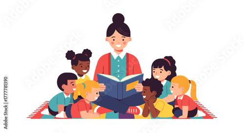 Teacher Reads Story To Her Diverse And Engaged Group Of Young Children