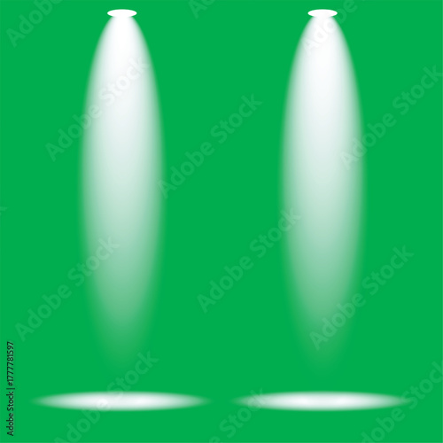 Two spotlight beams illuminate against a vibrant green background