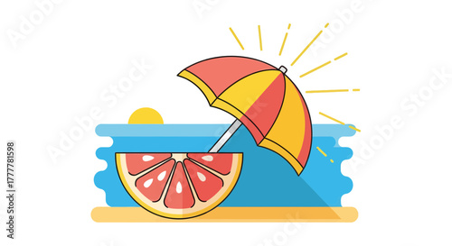 Summer Citrus Paradise: Beach Vacation Sunset With Parasol and Grapefruit Slice