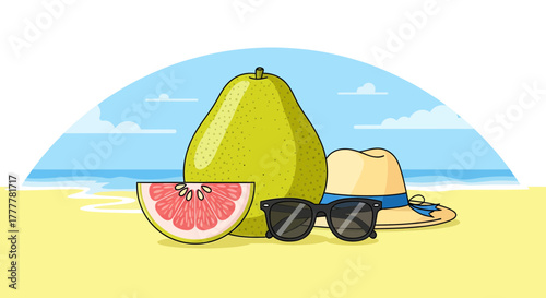 Summer Essentials: Tropical Pomelo, Sunglasses, and Stylish Beach Hat Illustration