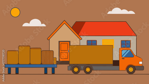 Mover loading furniture onto a truck, busy and organized, near a house on a sunny day