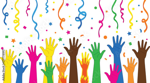 Colorful confetti and hands raised up celebrating
