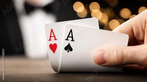 Playing cards ace of hearts and ace of clubs on a casino background, symbol of luck and risk