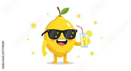 Summer Vibe Lemon Character with Sunglasses Drinks Refreshing Lemonade in the Sun