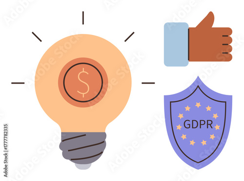 Lightbulb with currency sign, thumbs-up gesture, and GDPR shield. Ideal for themes thumbs up finance, strategy, compliance, innovation, approval data protection and startup vision. Simple flat