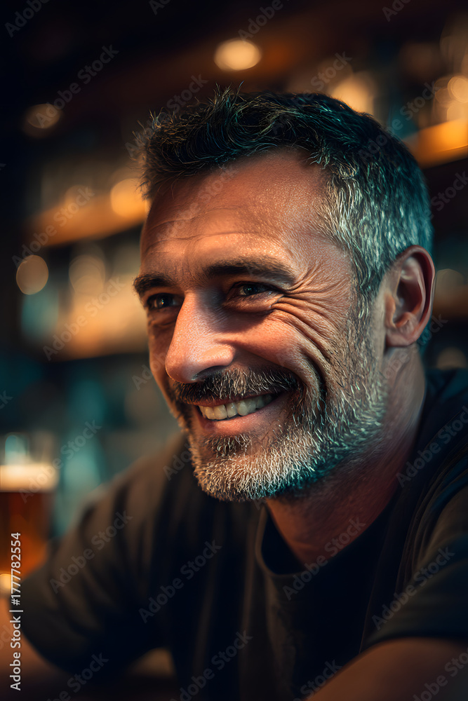 Fototapeta premium A Moment of Contemplation: Capturing the relaxed ambiance of the bar, with a man engaged in conversation and enjoying his drink. His expression reflects a state of content and thoughtful relaxation.