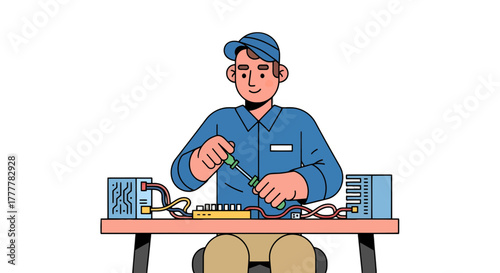 Technician Working With Electronic Components, Repairing And Diagnosing System Devices
