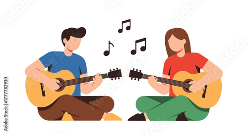 Two People Playing Guitars Together in a Harmonious Musical Performance