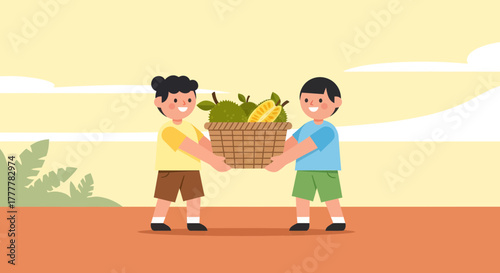 Two Smiling Children Carry a Basket Full of Fresh Durian Fruits Together