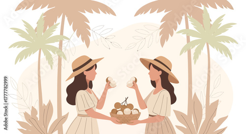 Two Women Enjoying Tropical Fruits in a Lush Oasis Under Palm Trees Serene Scene